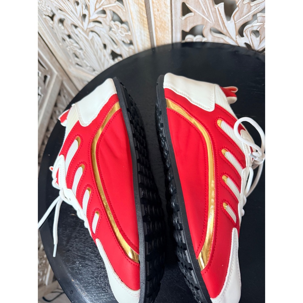 DENIMASR Mens Low Top Athletic Sneakers Red White Colorblock Mesh Gold Accent - Picture 10 of 11